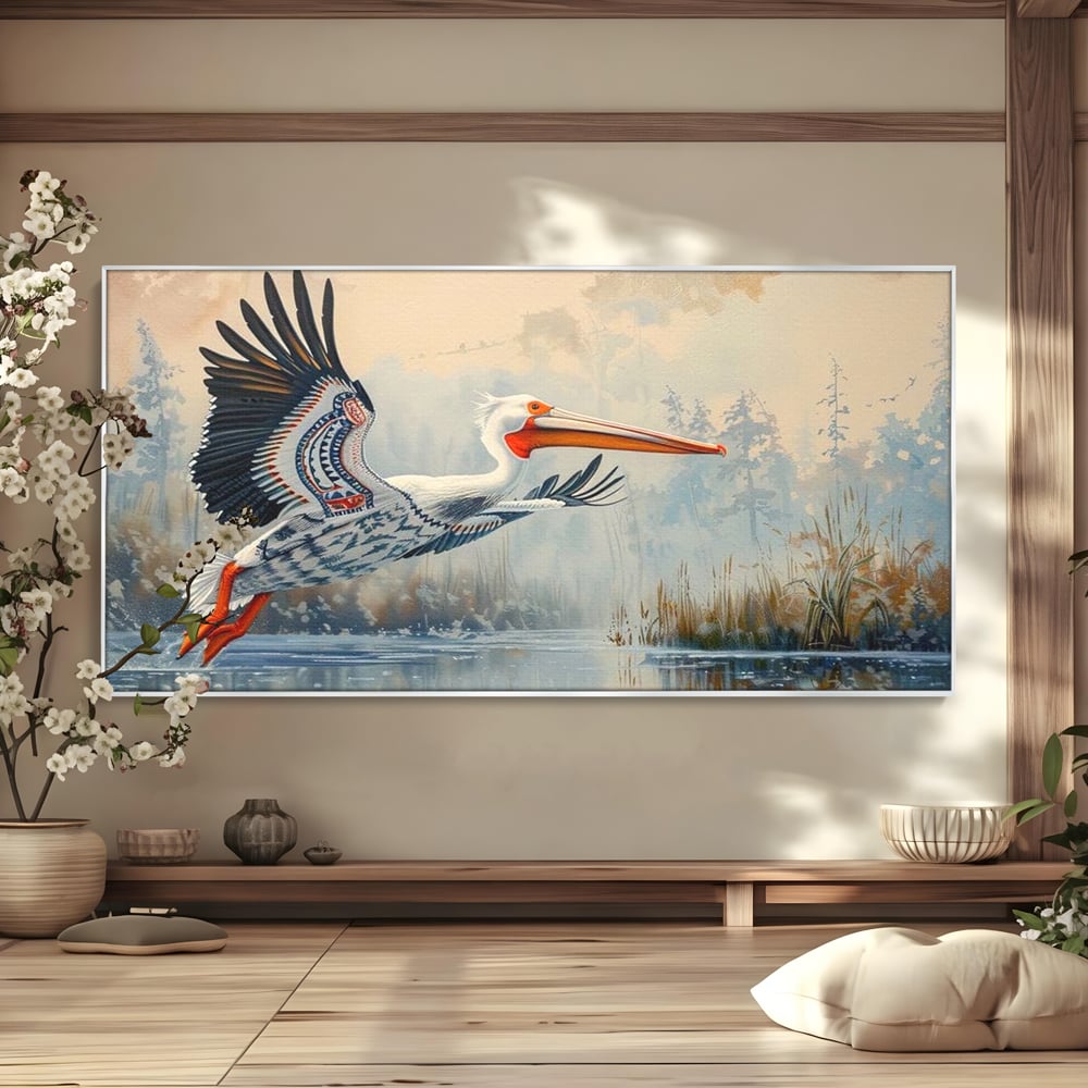 Tablou canvas cu tablou canvas cu pelican in zbor, in rama de aluminiu argintiu